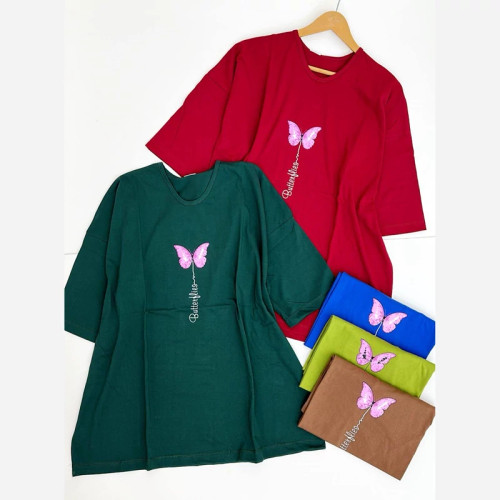 تیشرت قواره دار نخ پنبه زنانه طرح پروانه